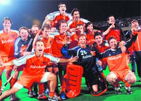 The Netherlands players celebrate after winning the inaugural Punjab Gold Cup Hockey Tournament, defeating India 2-1 in the final in Chandigarh