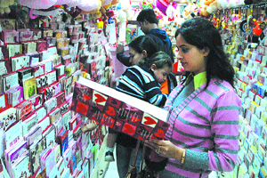People from all age groups purchase cards for Valentines Day in Jalandhar on Tuesday.