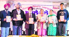 Surjit Patar and others at the release of a magazine, “Aale Bhole”, brought out by the Sarv Siksha Abhiyan authorities in Ludhiana