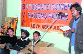 A student delivers a lecture on the event ‘Students’ Power Nation’s Power’ at Panjab University in Chandigarh