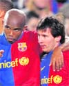 Samuel Etoo and Lionel Messi of FC Barcelona.