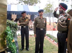 Lt Gen Chetinder Singh salutes the martyrs during the 225th Raising Day celebrations of the 7th Light Cavalry in western sector on Saturday.