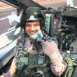 MP Navin Jindal in the cockpit of an AF-18 fighter aircraft during the Aero India  2009 in Bangalore