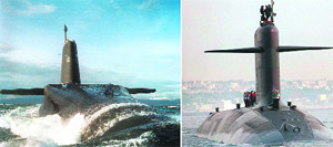 A combination of two images, a handout picture obtained on February 16, 2009, from the Ministry of Defence and a file picture taken on July 1, 1994, in Brest, France shows British submarine HMS Vanguard (left) sailing up the clyde for the first time and French submarine Le Triomphant (R).