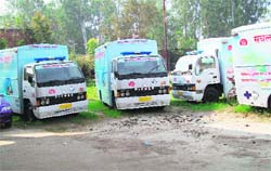Medical vans parked outside the Government Civil Hospital at Roorkee.