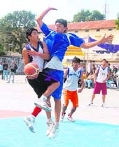 The match between DAV (PG) College and AB Club at the RK Shukla Memorial Basketball Tournament in Dehradun on Tuesday. 