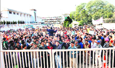 Civil Secretariat staff protest in Jammu on Tuesday.