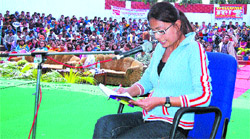 A student performs as a radio jockey at Communis-2009 at Doaba College in Jalandhar on Monday.