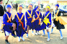 Young Nihangs in a jovial mood after a horse riding session in Ludhiana on Tuesday.