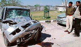 The mangled remains of a car in which a man was found dead near Nadha Sahib Gurdwara in Panchkula on Thursday.