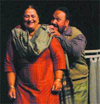 Artistes stage a play Katra katra zindagi at Yadgaar Hall in Jalandhar on Thursday.