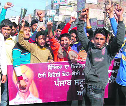 Punjab Students Union activists protest against alleged tampering with original structure of Jallianwala Bagh in Amritsar on Thursday.