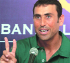 Younis Khan gestures during a news conference at the National Stadium in Karachi on Friday.