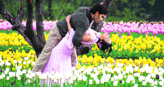 A song sequence for Sadiyan being shot in the Tulip Garden in Srinagar. The garden, which is often compared with the tulip fields in Holland, is attracting tourists as well as film crews Photos Amin War
