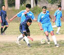 Players in action during a match at the 17th Narayan Gurung (Zics) Memorial Football Tournament in Dehradun on Sunday.