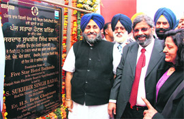 Deputy Chief Minister Sukhbir Badal lays the foundation stone of a five-star hotel in Bathinda on Sunday.