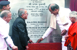 Finance minister Pranab Mukherjee, home minister P. Chidambaram and Chief Minister Sheila Dikshit at the foundation-laying ceremony of Rajaswa Bhawan in New Delh