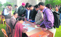 Students get themselves enrolled for campus placements at the JCD Vidyapeeth in Sirsa.