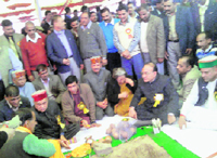 Chief Minister Prof Prem Kumar Dhumal and Union Labour Minister Oscar Fernandes (on CMs left) perform bhumi pujan during the foundation stone laying ceremony of an ESIC hospital in Mandi on Monday.