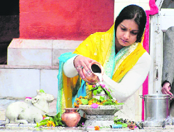 A woman prays to Lord Shiva on the occasion of Shivaratri in Dharamsala on Monday.