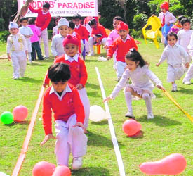 Kids participate in the annual sports meet of Kiddies’ Paradise School, Model Gram, in Ludhiana on Monday.
