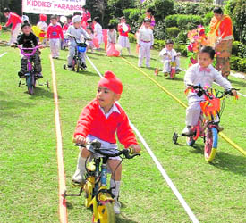 Kids participate in the annual sports meet of Kiddies’ Paradise School, Model Gram, in Ludhiana on Monday.