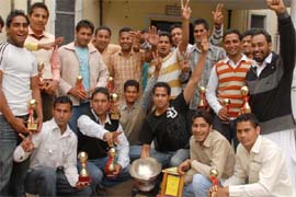 Members of the Government Rajindra College team that won the inter-college kabaddi championship organised by the Punjabi University from February 19-21, flashing victory signs in Bathinda on Tuesday. 