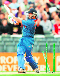 Gautam Gambhir is bowled by New Zealands Ian OBrien during their T20 match in Christchurch on Wednesday.