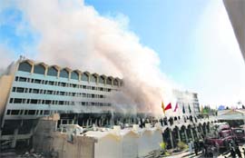 Blaze battle: Firefighters try to douse flames at Marriott Hotel in Islamabad on Thursday