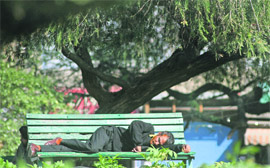 A man rests in a park on a sunny day in Jammu.