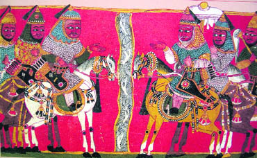 Prince Siyavush faces Afrasiyabs forces across a river. Illustrated folio from a Sultanate Shahnama; ca. 1450