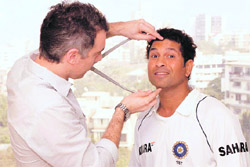 Sachin Tendulkar being measured for his wax statue to be installed at Madam Tussauds, London, in April.