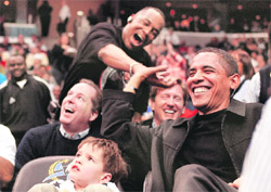 U.S. President Barack Obama at the Washington Wizards NBA basketball game against the Chicago Bulls in Washington.