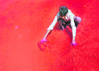 A worker dries colour powder for Holi in Gurgaon on Sunday.