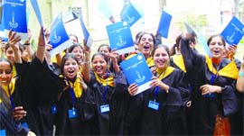 Students of Sarup Rani Government College for Girls celebrate after getting degrees Amritsar on Tuesday. 