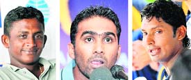 A combination of pictures shows Sri Lankan cricketers (from left) Ajantha Mendis, Mahela Jayawardene, Kumar Sangakkara, Thilan Samaraweera and Tharanga Paranavitana together with team coach Paul Farbrace. Masked gunmen opened fire on the Sri Lankan cricket team's bus in Lahore on Tuesday, killing at least eight persons and wounding six team members, police said