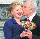 Israeli President Shimon Peres kisses US Secretary of State Hillary Rodham Clinton during their meeting in Jerusalem on Tuesday.