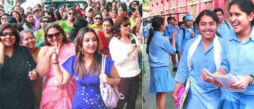 (Left) Parents of Class 10 students wait outside St. Columbas School, Gole Market, while (Right) students come out after appearing for the social studies paper in New Delhi on Wednesday.