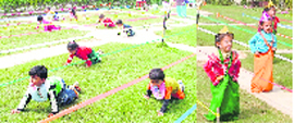 Kids take part in a sports day organised at Chanda Mama Playway in Ludhiana