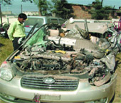 The damaged car that met with an accident at Rohini in New Delhi on Thursday.