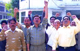 Representatives of Khel Udyog Sangh demonstrate in front of Excise and Taxation office in Jalandhar on Thursday. 