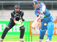 Sachin Tendulkar slams a ball to the boundary in the second one-day international against New Zealand in Wellington