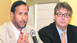 Lt Col BS Sandhu (retd) and Sylvain Payette address the media in Bathinda on Sunday.