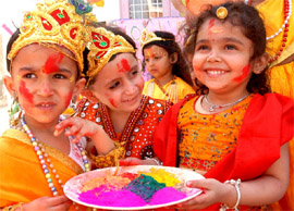 Tiny tots of the Radiant Kids Playway School dressed up as lord Krishna and Radha to celebrate Holi on school premises in Bathinda on Monday.