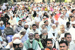 Muslims attend the convention held at Gandhi Park in Dehradun on Monday.