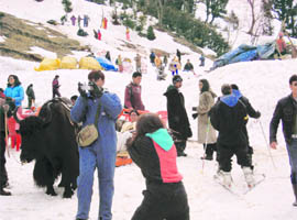 Tourists seem to have fun at snowpoint at Gulaba on the Rohtang Pass road, 24 km from Manali, on Monday.