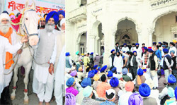 Sikh activists from Haryana, led by Jagdish Singh Jhinda, leader of the Haryana SGPC (Ad Hoc), with the offspring of Guru Gobind Singhs horse at the SGPC complex on Monday; (right) Members of the Haryanas SGPC stage a peaceful protest outside the SGPC office.