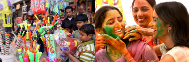 Holi Hai: Boys checking out Chinese squirts at a shop in Bathinda; Students of Vivekanand Girls College, Bathinda, play with colours on the eve of Holi on Tuesday.