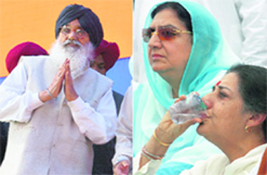 Chief Minister Parkash Singh Badal greets people at a blood donation camp; (right) Indian National Congress party leaders Ambika Soni quenches her thirst as Rajinder Kaur Bhattal looks on at a political conference of the party during the Hola Mohalla celebrations at Anandpur Sahib on Tuesday.