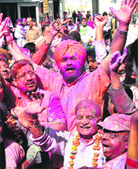 BJP MP Navjot Singh Sidhu, along with supporters, in Amritsar on Tuesday.